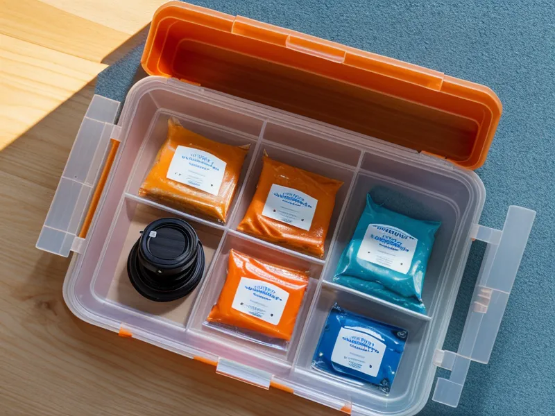 Caja de almacenamiento para cámara con paquetes de gel de sílice naranja
