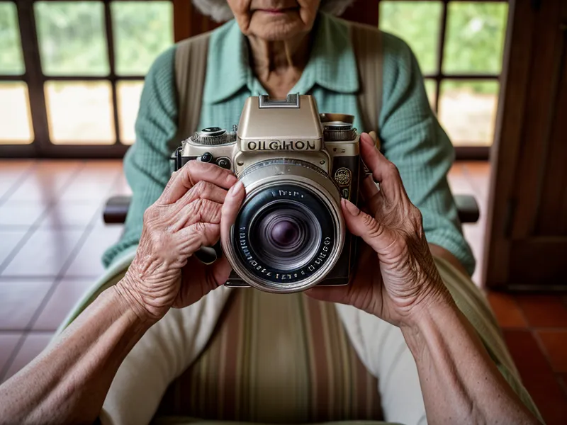 Retrato de una mujer mayor mostrado en la pantalla de una cámara digital