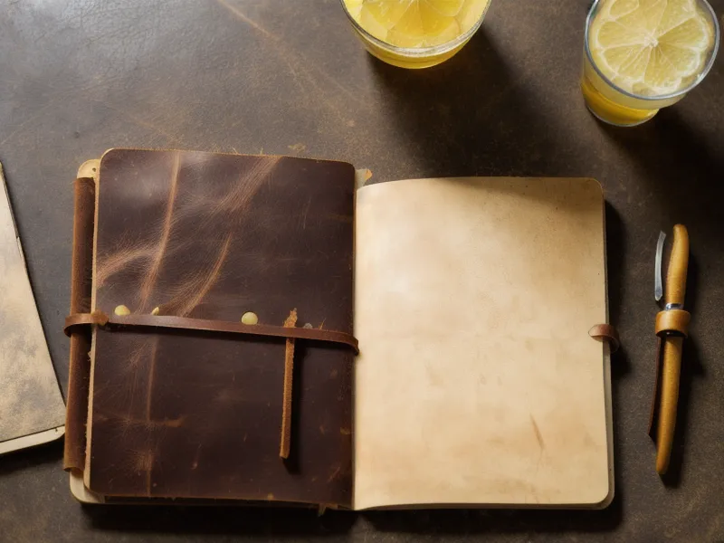 Cuaderno de notas sobre retrato con luz natural y vaso de agua de panela con gotas de condensación.