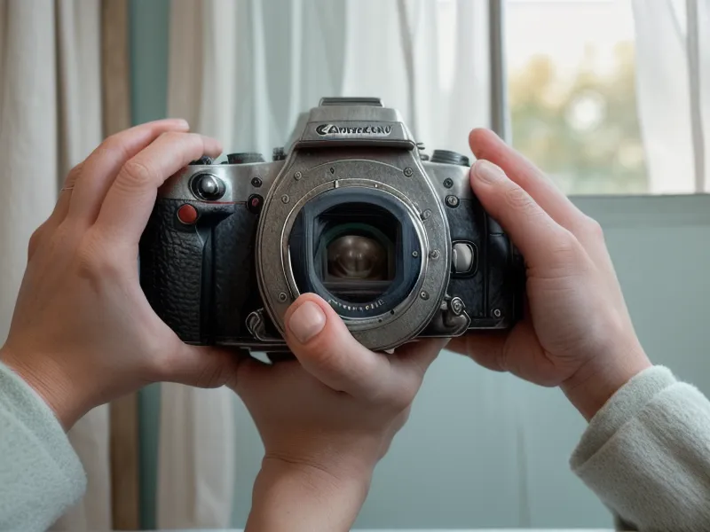 Manos ajustando una cámara Canon frente a una ventana, con una sábana blanca como difusor de luz natural.
