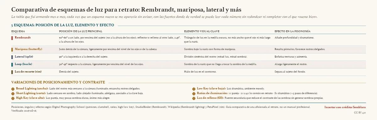 Tabla comparativa de cinco esquemas de luz para retrato —Rembrandt (luz a 50°-60° a un lado y relleno a 45°), mariposa o butterfly (luz detrás de la cámara), lateral o split (luz a 90°), loop o bucle (luz a 30°-45°) y luz de recorte o rim (detrás del sujeto)— con la posición de la luz principal, el elemento visual clave y el efecto en la fisonomía de cada uno, más un panel de variaciones (broad, short, high key, low key, ratios de iluminación y luz de relleno).